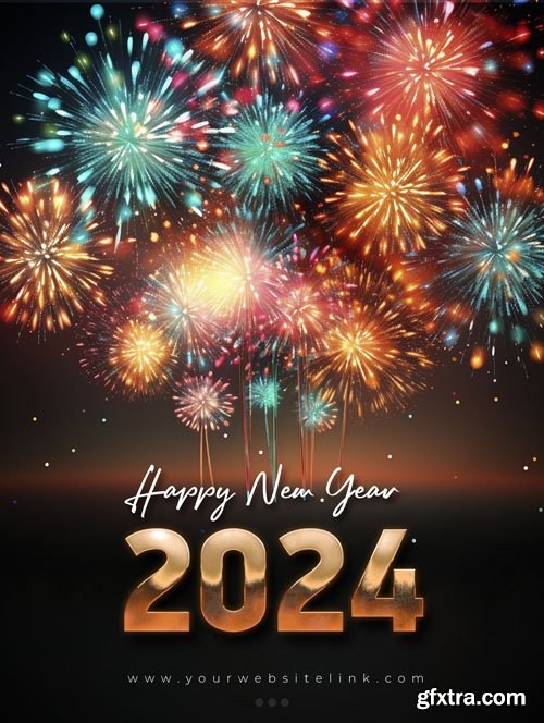 PSD happy new year 2024 fireworks social media post template design