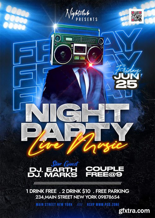 Friday Night Live Music Party Flyer PSD