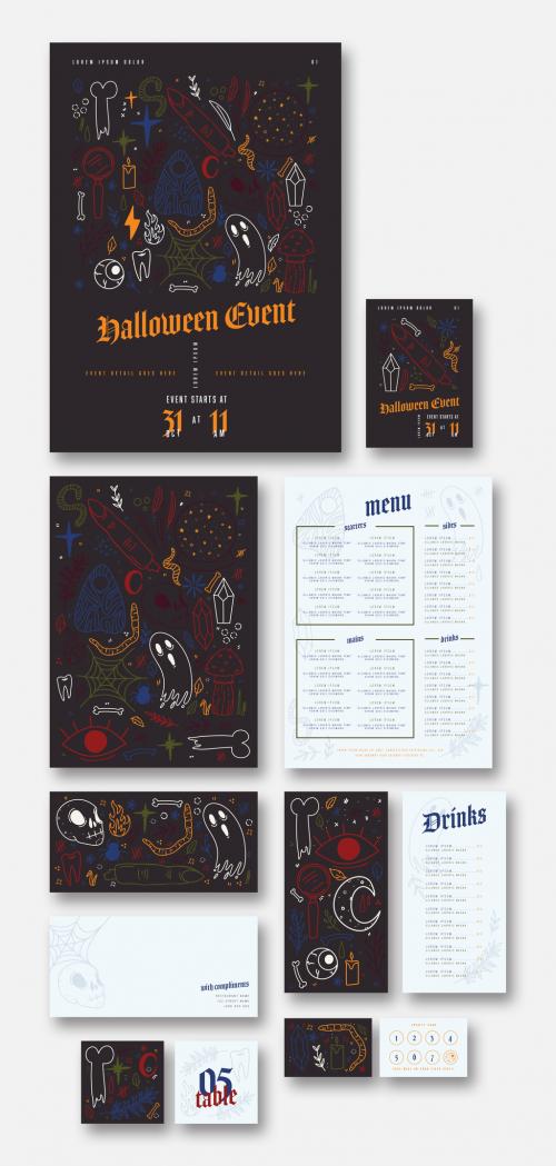 Adobe Stock - Colorful Spooky Restaurant Collateral Layout Set with Graphic Line Art - 286707521