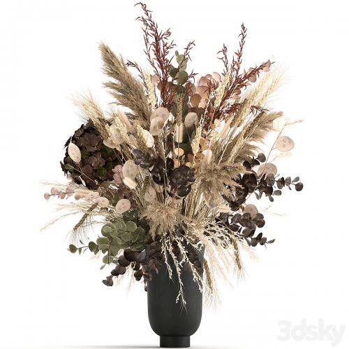 Beautiful lush bouquet of dried flowers in a vase with hydrangea, pampas Lunnik, spikelet, Barberry. 173