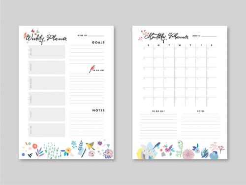 Adobe Stock - Weekly and Monthly Planner Layout with Illustrative Elements - 289557887