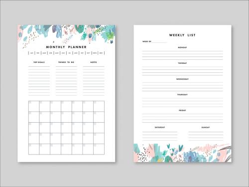 Adobe Stock - Weekly and Monthly Planner Layout with Illustrative Elements - 291384610