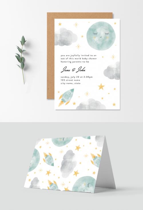 Adobe Stock - Baby Shower Invitation Layout with Moon and Rocket Ship Illustrations - 293166507