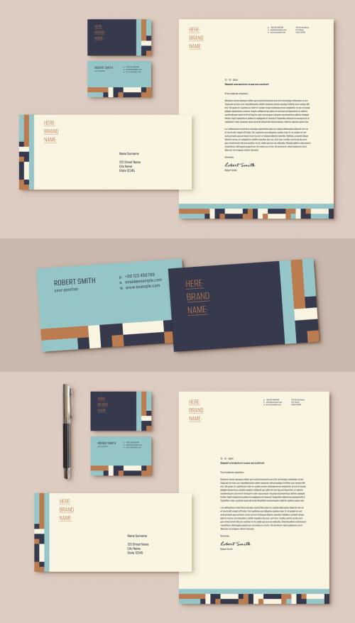 Adobe Stock - Stationery Set Layout with Blue and Tan Elements - 294652509