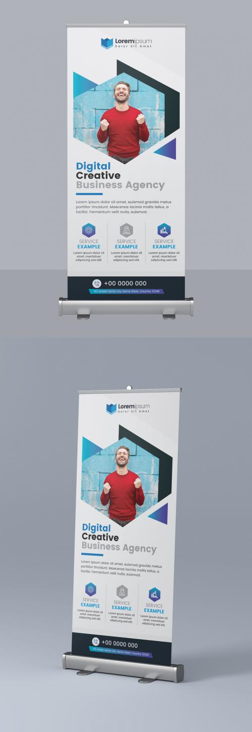 Adobe Stock - Roll Up Banner with Blue Geometric Photo Elements - 295382528
