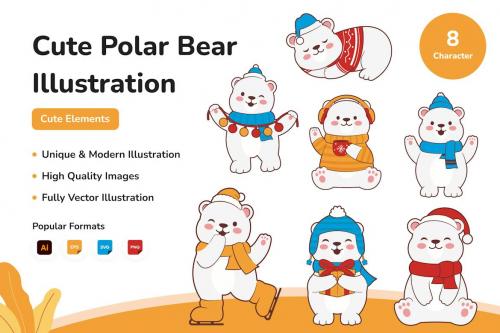 Cute Polar Bear Winter Christmas Illustration Set