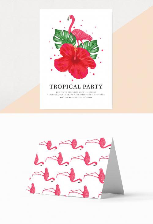 Adobe Stock - Tropical Party Invitation Layout with Flamingo and Flower - 299364231