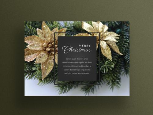 Adobe Stock - Christmas Card Layout with Green Garland and Gold Flowers - 304798860