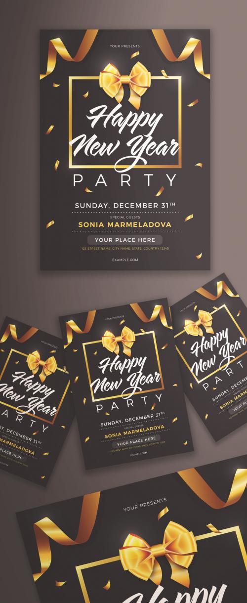 Adobe Stock - New Year's Party Flyer Layout with Gold Ribbon Elements - 309273715
