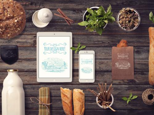 Adobe Stock - Organic Food Mockup Tablet and Phone on Wooden Background - 310722103