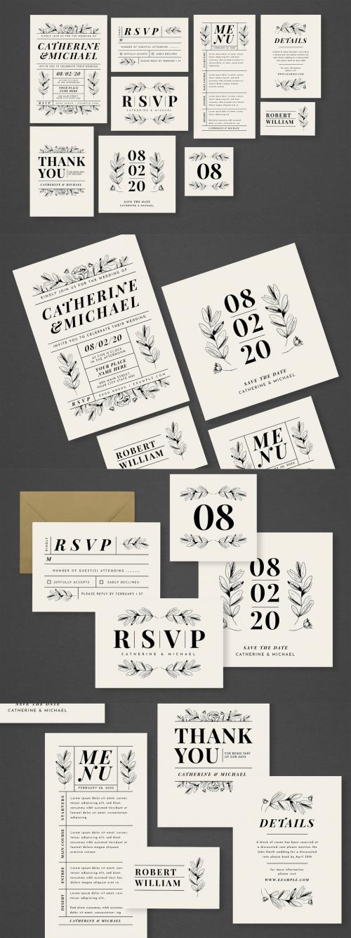 Adobe Stock - Wedding Invitation Set with Leaf Illustrations - 313885126