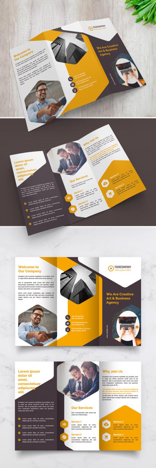 Adobe Stock - Trifold Yellow Brochure Layout with Hexagon Geometric Photo Masks - 313939142