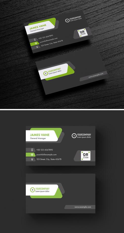 Adobe Stock - Black Business Card Layout with Green Accents - 313939161