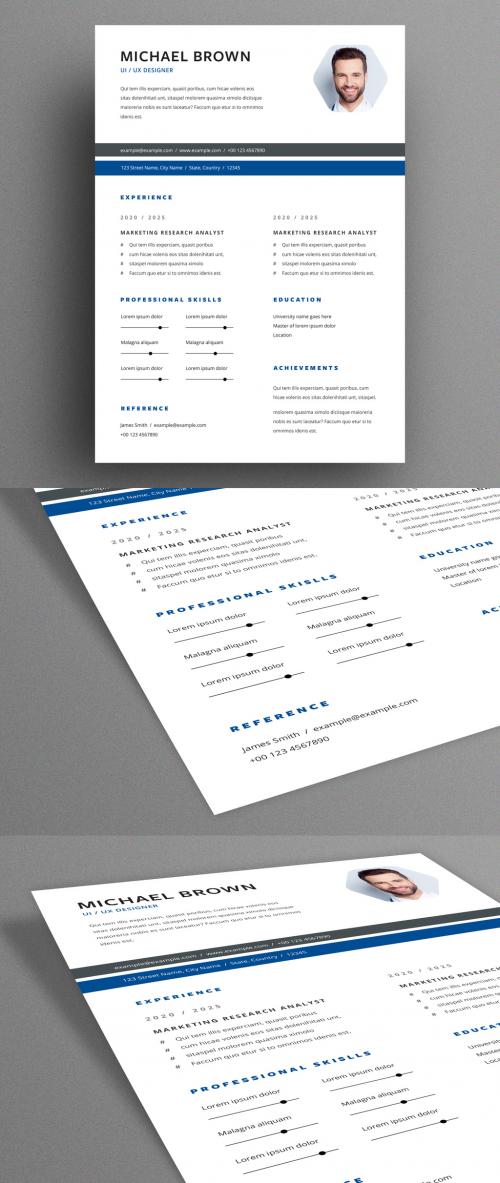 Adobe Stock - Resume Layout with Blue and Gray Header Elements - 317118914
