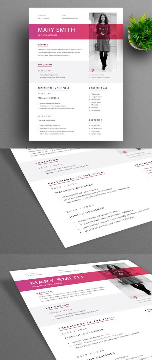 Adobe Stock - Resume Layout with Pink Header Overlay and Accents - 317119101