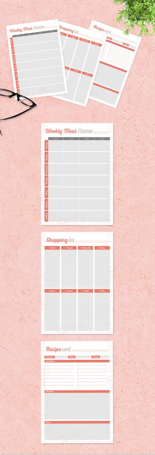 Adobe Stock - Weekly Meal Plan Layout Kit with Orange Accents and Food Illustrations - 320627326
