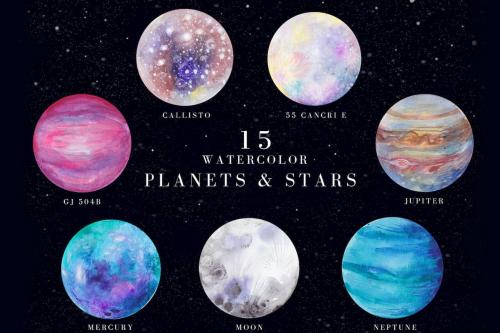 15 watercolor planets and stars set