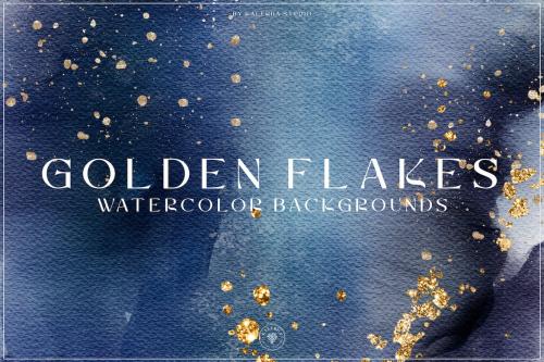 Golden Flakes Blue Watercolor Backgrounds