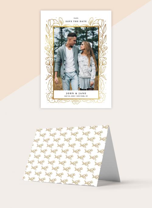Adobe Stock - Save the Date Invitation Layout with Gold Floral Illustrations - 328152035
