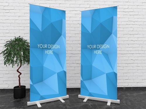 Adobe Stock - 2 Roll Up Banners Mockups with White Brick Wall - 328372009