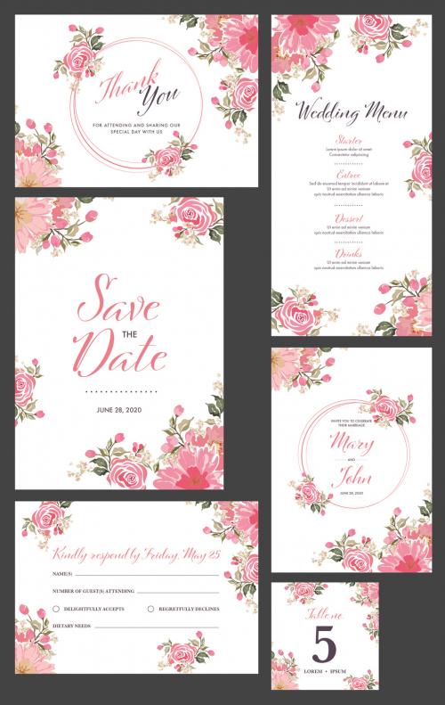 Adobe Stock - Wedding Invitation Layout Set with Pink Watercolor Flowers - 329175639