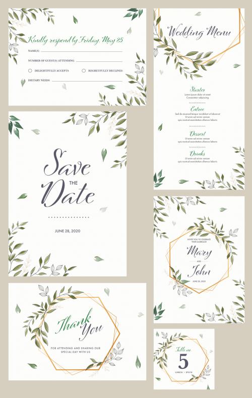 Adobe Stock - Wedding Invitation Layout Set with Green Leaves - 329175753