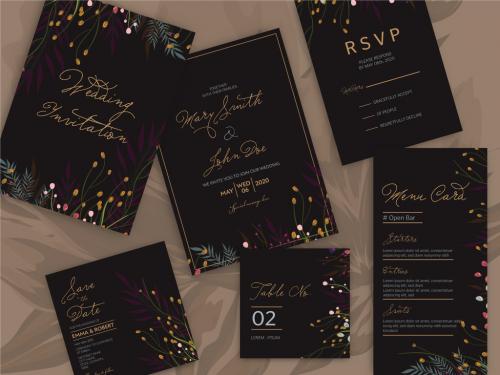 Adobe Stock - Wedding Invitation Layout Set with Colorful Flowers on Dark Background - 329176289