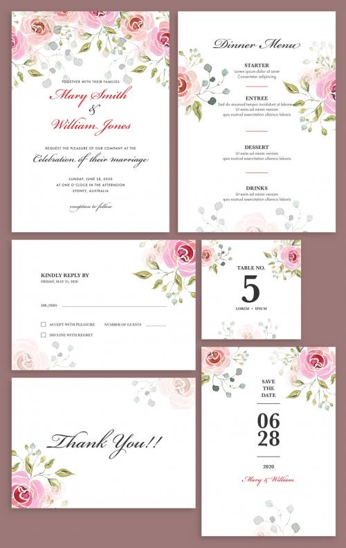 Adobe Stock - Water Color Roses with Wedding Invitation Card Layout Set - 329176634