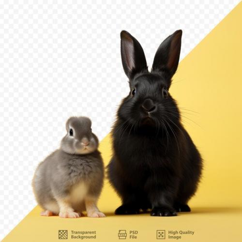 Two Rabbits Are On A Yellow Background With A Black Rabbit On The Left.