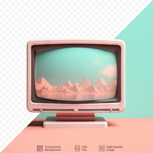A Pink Old Tv With Mountains In The Background.