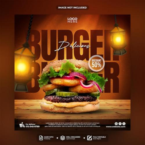 Delicious Burger Social Media Post Template Design