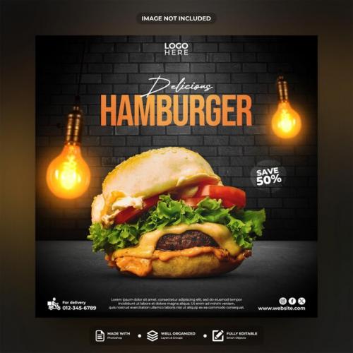 Delicious Hamburger Social Media Post Template Design