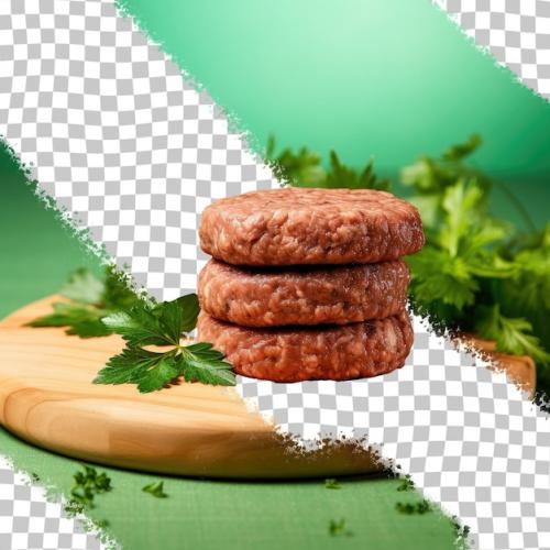 Two Uncooked Beef Patties With Parsley On Wooden Board