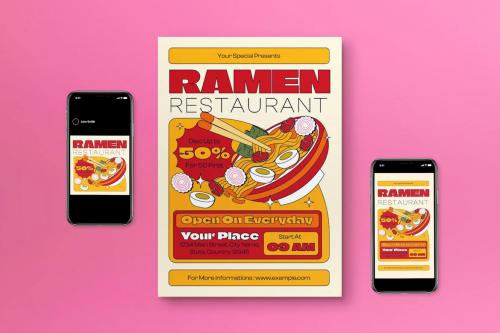 Cream Retro Ramen Restaurant Flyer Set