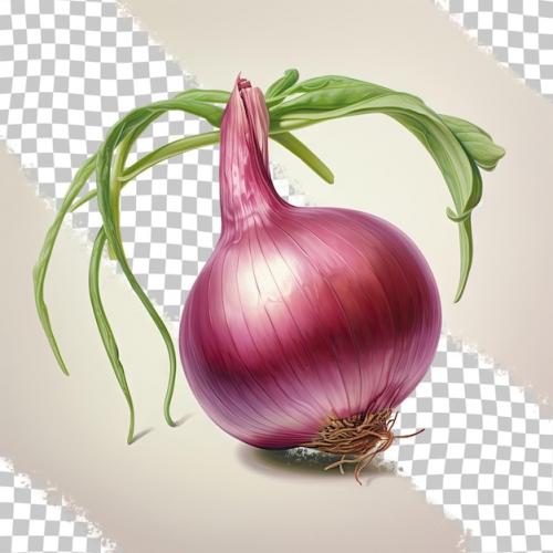 An Onion With Leaves And A Picture Of A Purple Onion On A Checkered Background.