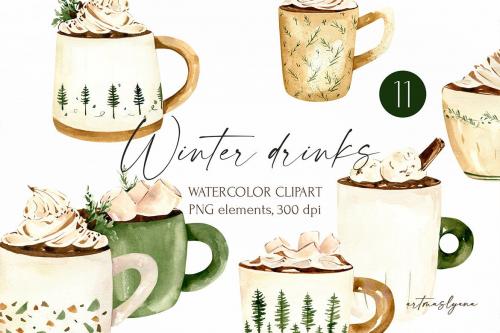Watercolor Hot Winter Drinks clipart Christmas cup