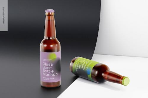 Glass Beer Bottles With Tag Mockup, Standing And Dropped
