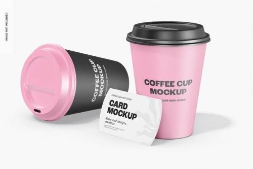 Coffee Cups With Paper Card Mockup, Standing And Dropped