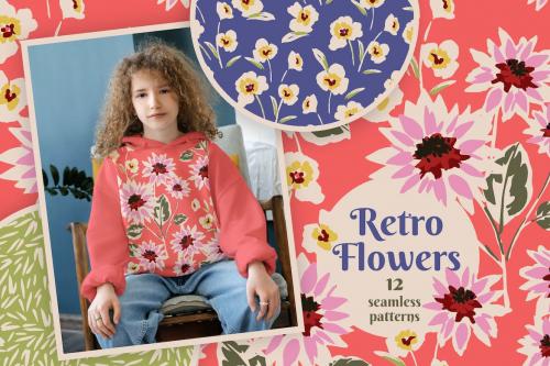 Retro Flowers. 12 seamless patterns