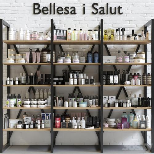 A huge rack with luxury cosmetics for beauty salons and professional cosmetology
