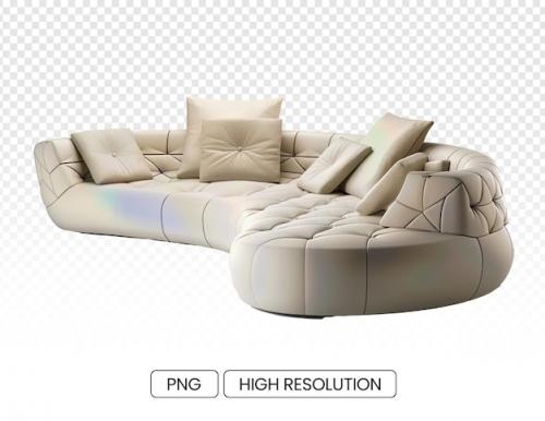 Contemporary Beige Leather Sectional Sofa With Large Cushions Isolated On Transparent Background
