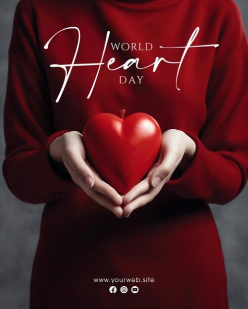 World Heart Day Social Media Poster Design With Hand Holding Heart Background
