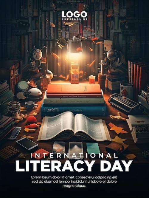 International Literacy Day Social Media Post Poster Design With Book Background