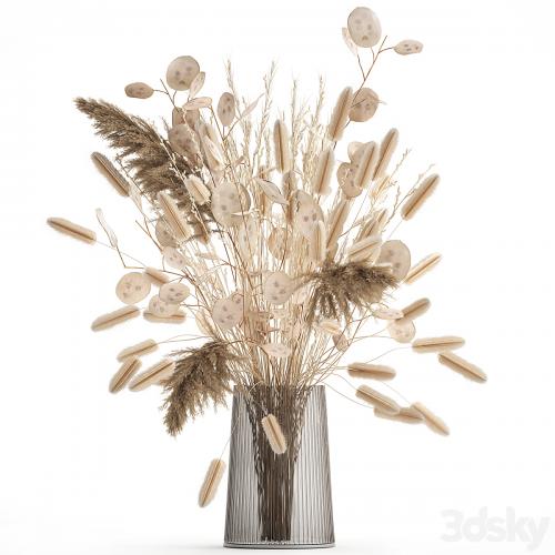 A beautiful bouquet of dried flowers in a vase with dry branches of pampas, reeds, lunnik. 127.