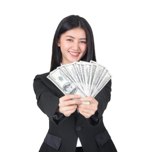 Successful Beautiful Asian Business Young Woman Holding Money Us Dollar Bills In Hand Business Concept