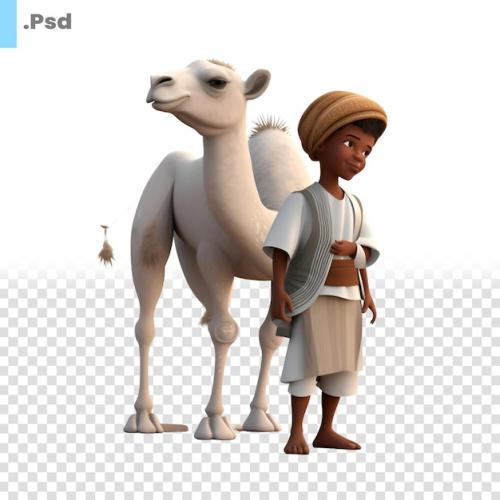 3d Digital Render Of A Muslim Boy With Camel Isolated On White Background Psd Template