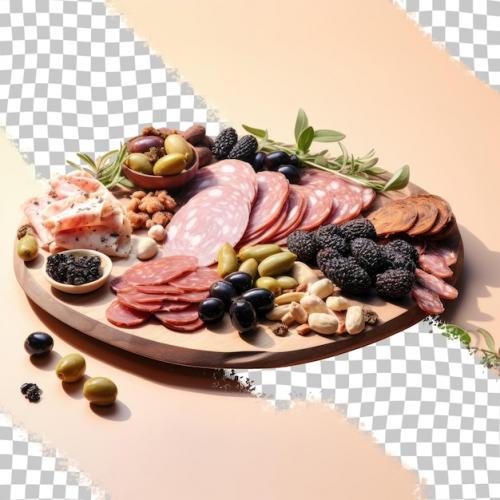 Assorted Cured Meats And Olives On Transparent Background