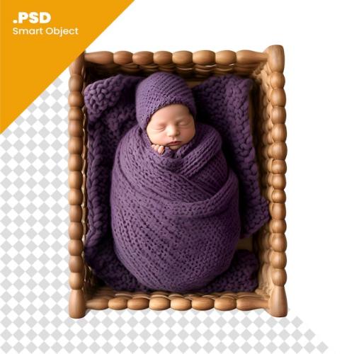 Newborn Baby Wrapped In A Purple Knitted Blanket Isolated On White Background Psd Template