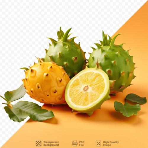 Isolated Kiwano Fruits And Leaves On Transparent Background