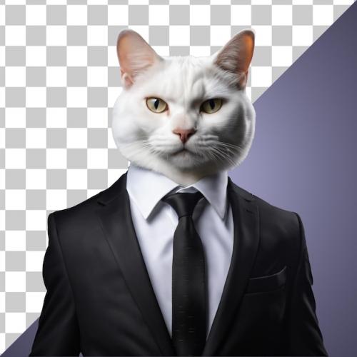 Portrait Of Humanoid Anthropomorphic White Cat Wearing Black Business Suit Isolated Transparent